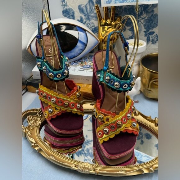 🆕 KURT GEIGER LONDON 🧿 NWOB Scalloped Stud X Wedge Heel Multicolor - Sz 37 US7 - Picture 5 of 12